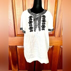 Talbots White Linen Black Beaded Split Neck Tassel Short Sleeve Top Blouse Large